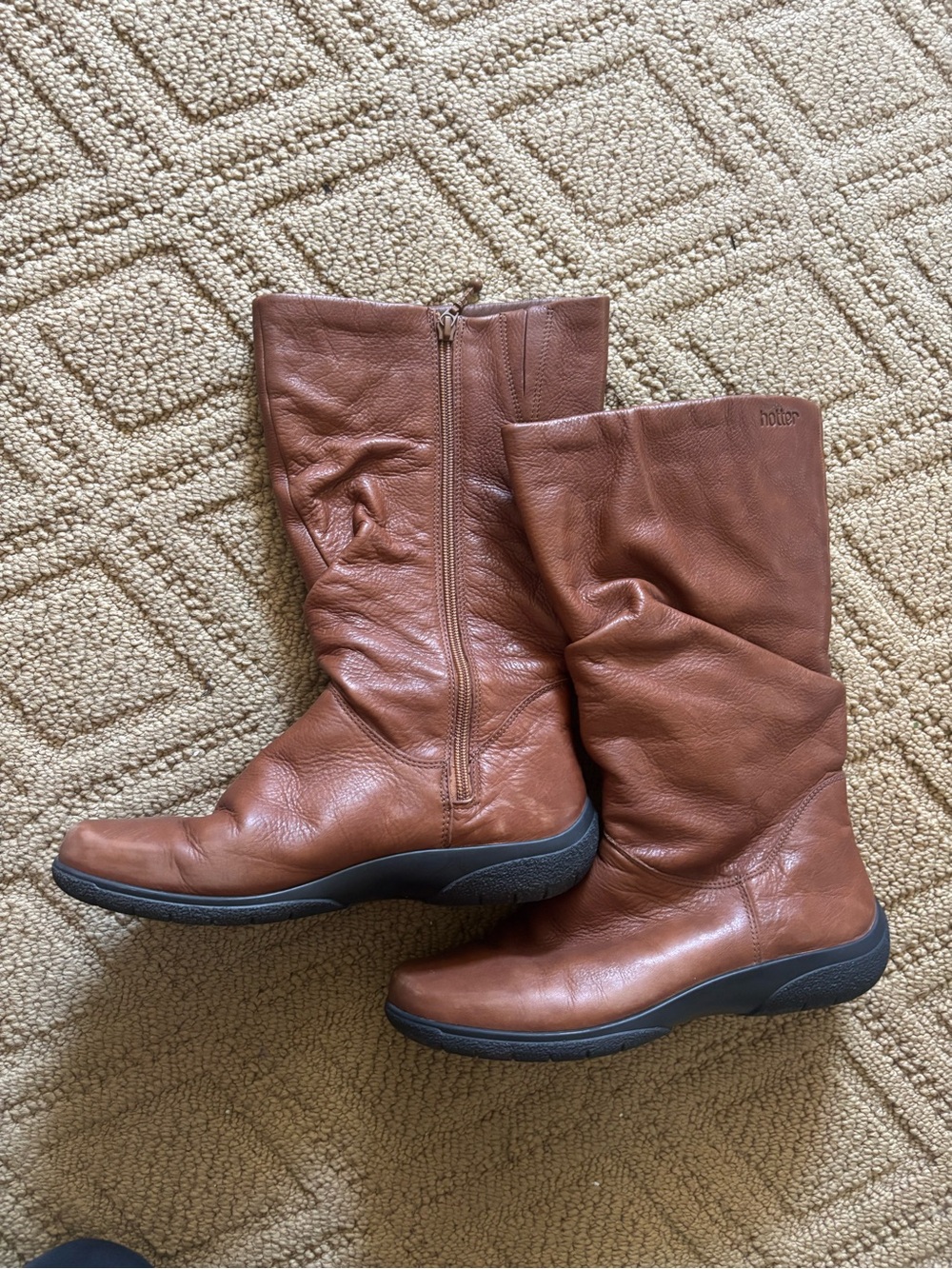 hotter Chestnut Brown Leather Mid-Calf Heeled Boots